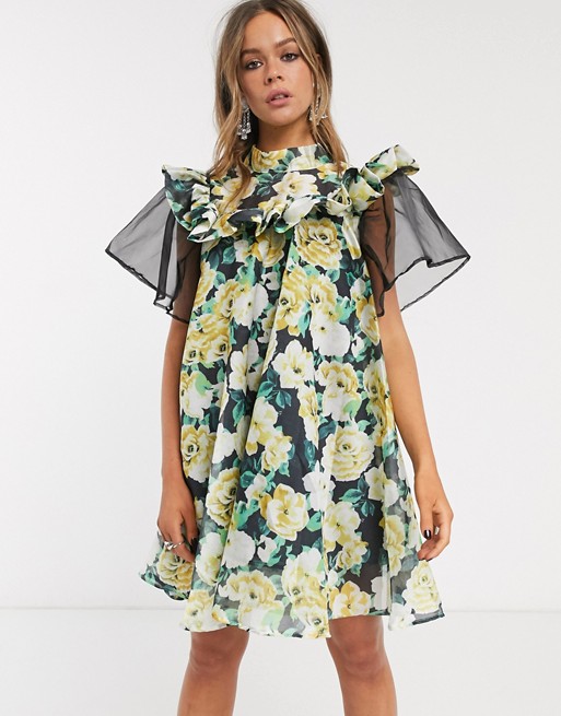 Sister Jane mini smock dress with organza sleeve in oversized floral