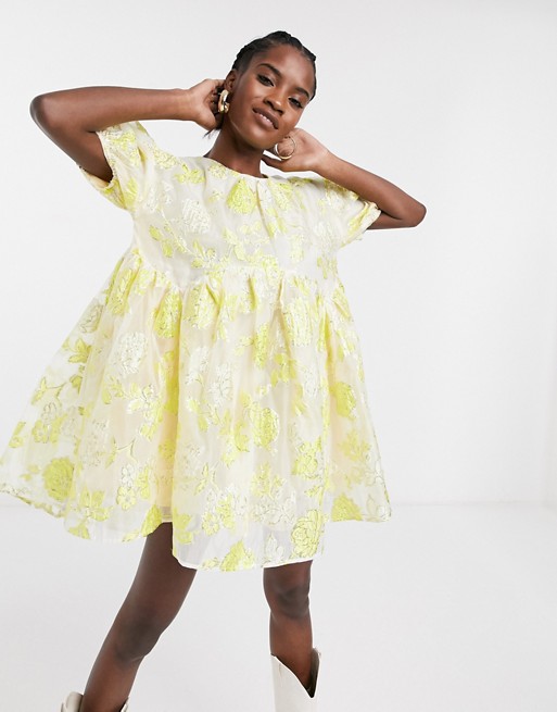 Sister Jane mini smock dress with puff sleeves in metallic floral organza