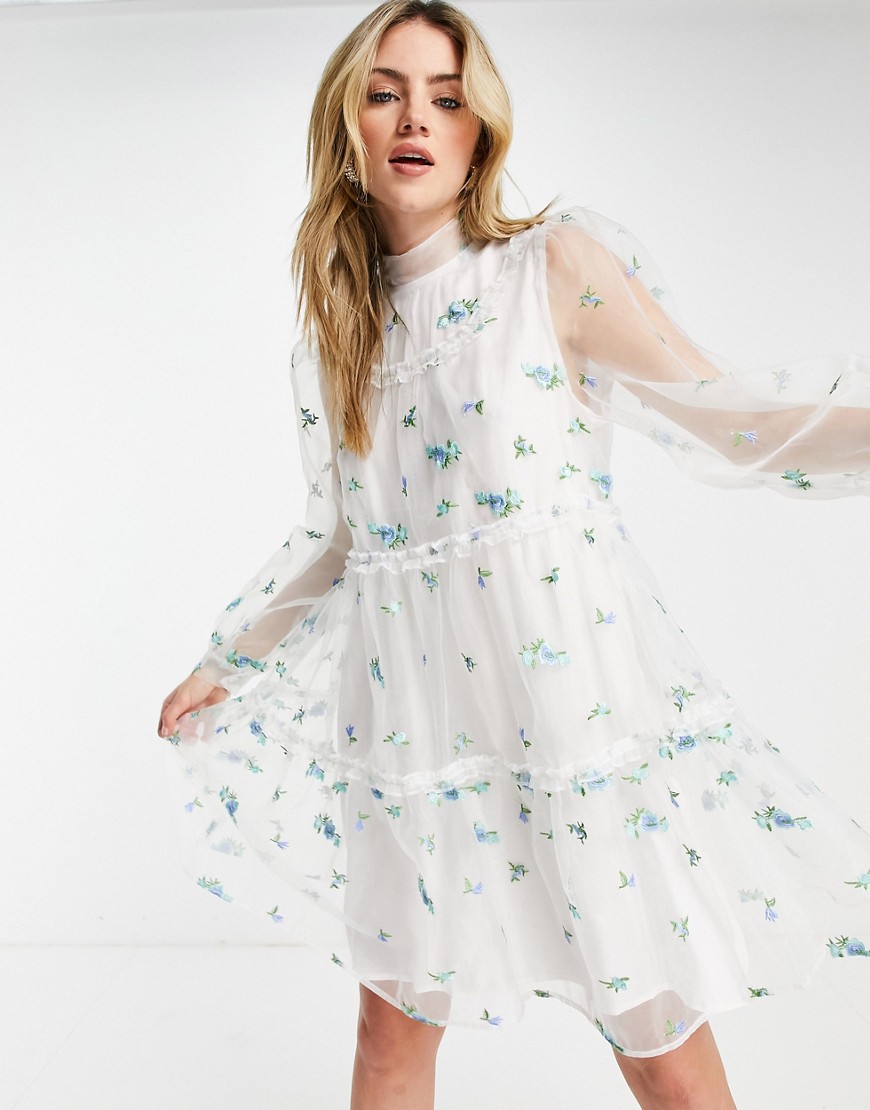 Sister Jane mini smock dress with sheer overlay and embroidered flowers-White