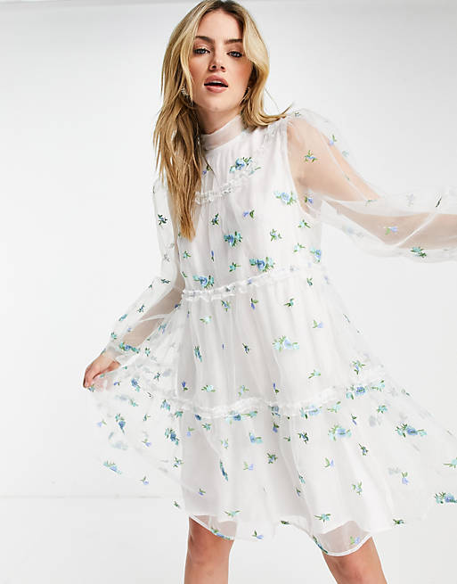 Sister Jane mini smock dress with sheer overlay and embroidered flowers