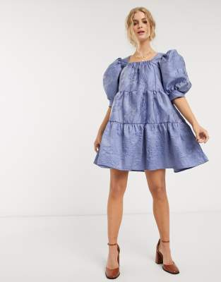 Sister Jane mini smock dress with tiered skirt and puff sleeves in rose jacquard-Pink