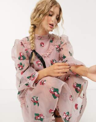 sister jane rose tiered dress 刺繍 Sister Jane Dream Rosette Trapeze Midaxi Dress in Pink | Lyst