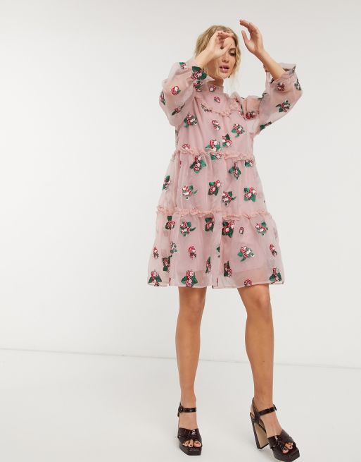 Sister Jane mini smock dress with tiered skirt in strawberry embroidered  organza