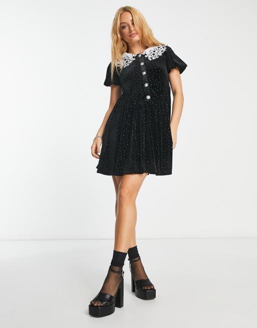 Sister Jane mini tea dress with embroidered collar in black velvet with  sparkles