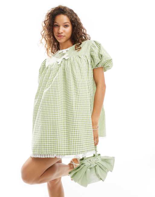 Sister Jane - Minikjole med blondekant og sløjfer i grønne gingham-tern, 2 af 4