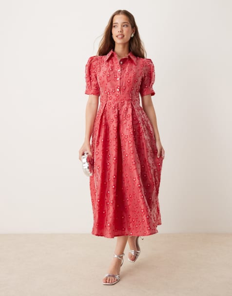Sister Jane – Mittellanges Hemdblusenkleid in Rot mit Blumenverzierung - view 1