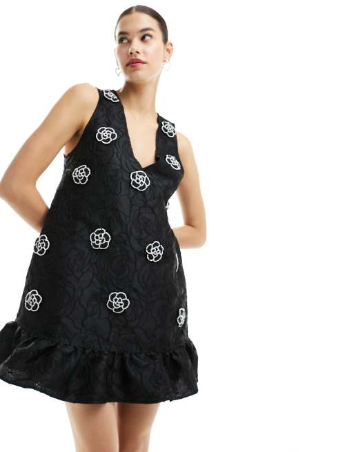 Sister Jane Mural Rose pinafore mini dress in black