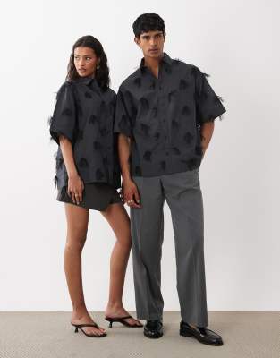 Sister Jane Nilsson Unisex Cotton Mesh Bow Detail Boxy Short Sleeve Shirt In Gray