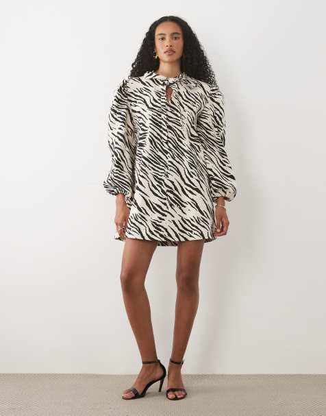 Sister Jane Nuit tie collar detail long sleeve mini dress and bow bag co-ord in ivory zebra - view 1