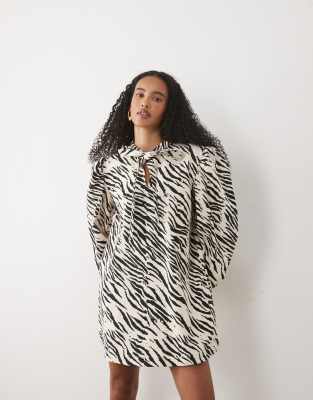 Sister Jane Nuit tie collar detail long sleeve mini dress co-ord in ivory zebra