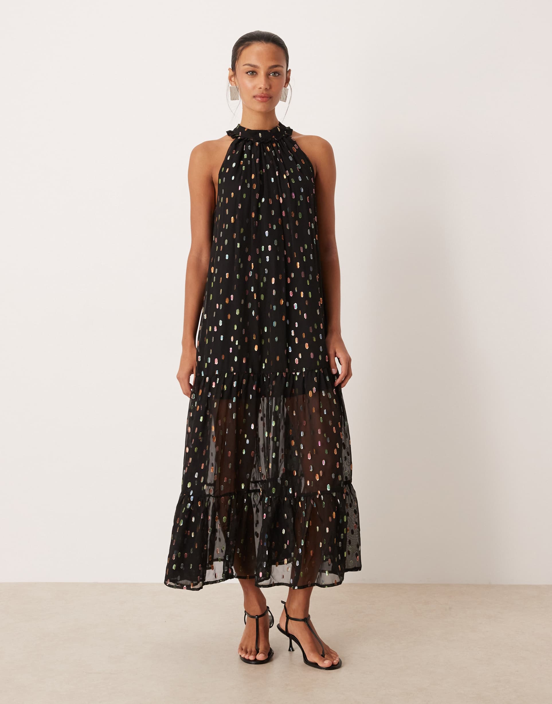 sister jane odyssey chiffon metallic polka dotted high neck sheer skirted maxi dress in black