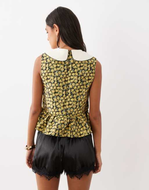 Sister Jane - Olive - Blouse sans manches en jacquard fleuri avec col à basque - Jaune, 4 de 4