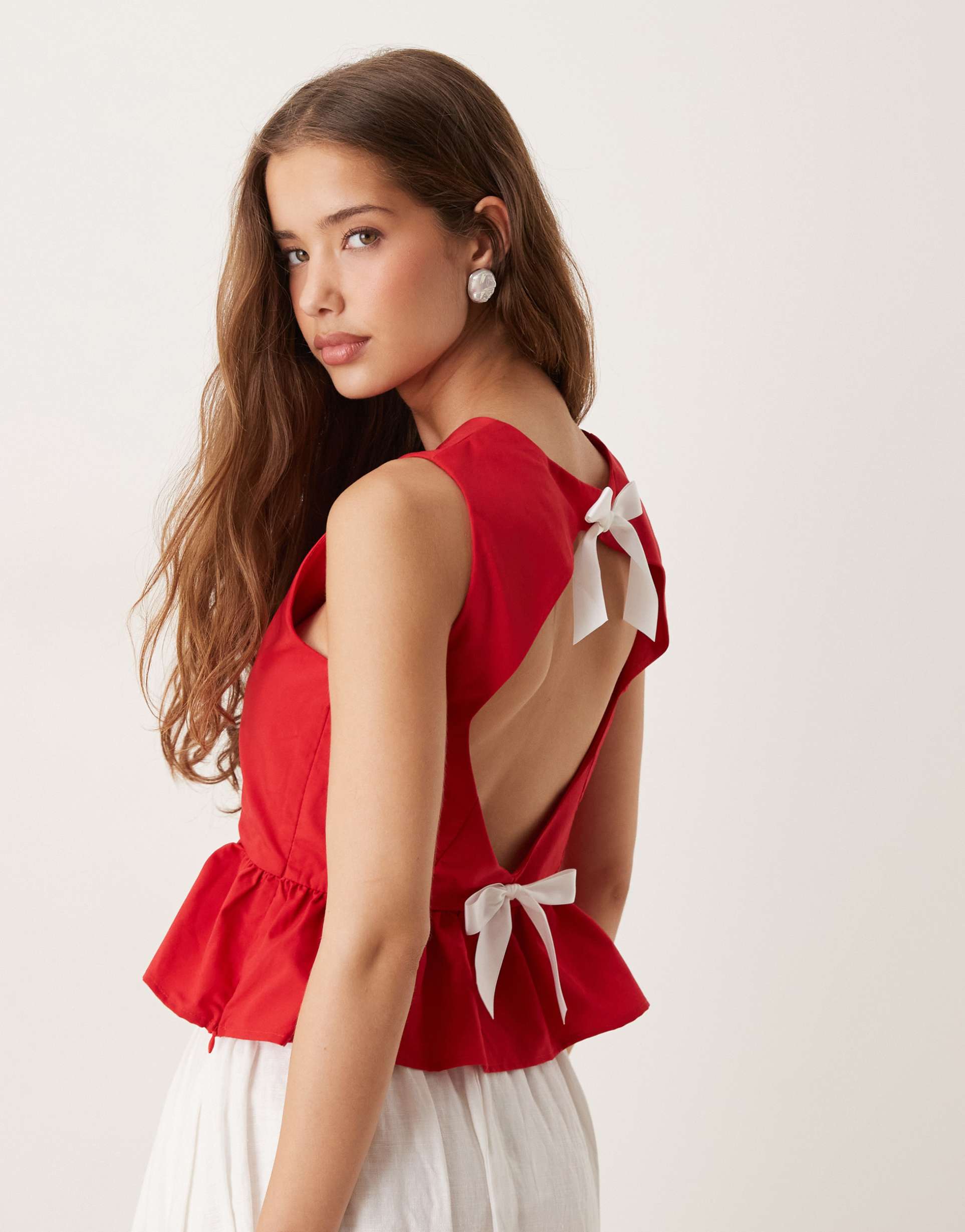 sister jane open back peplum top in red