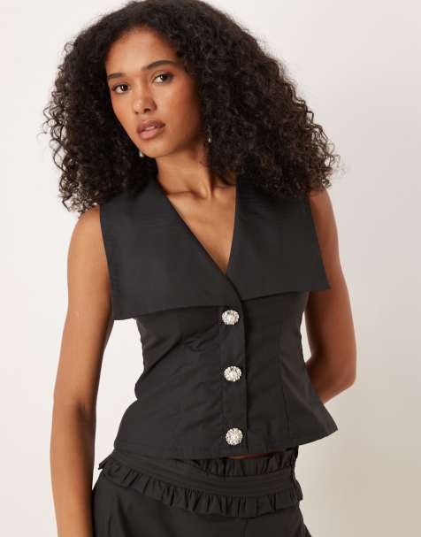 Sister Jane open collar rhinestone vest in black - part of a set - view 1