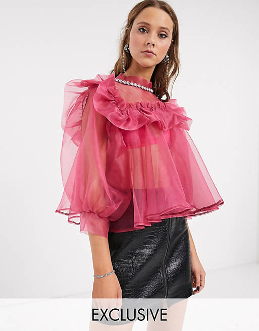 Sister Jane oversized blouse with embellished collar and puff sleeves in organza