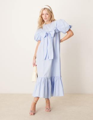 oversized bow midi dress in light blue