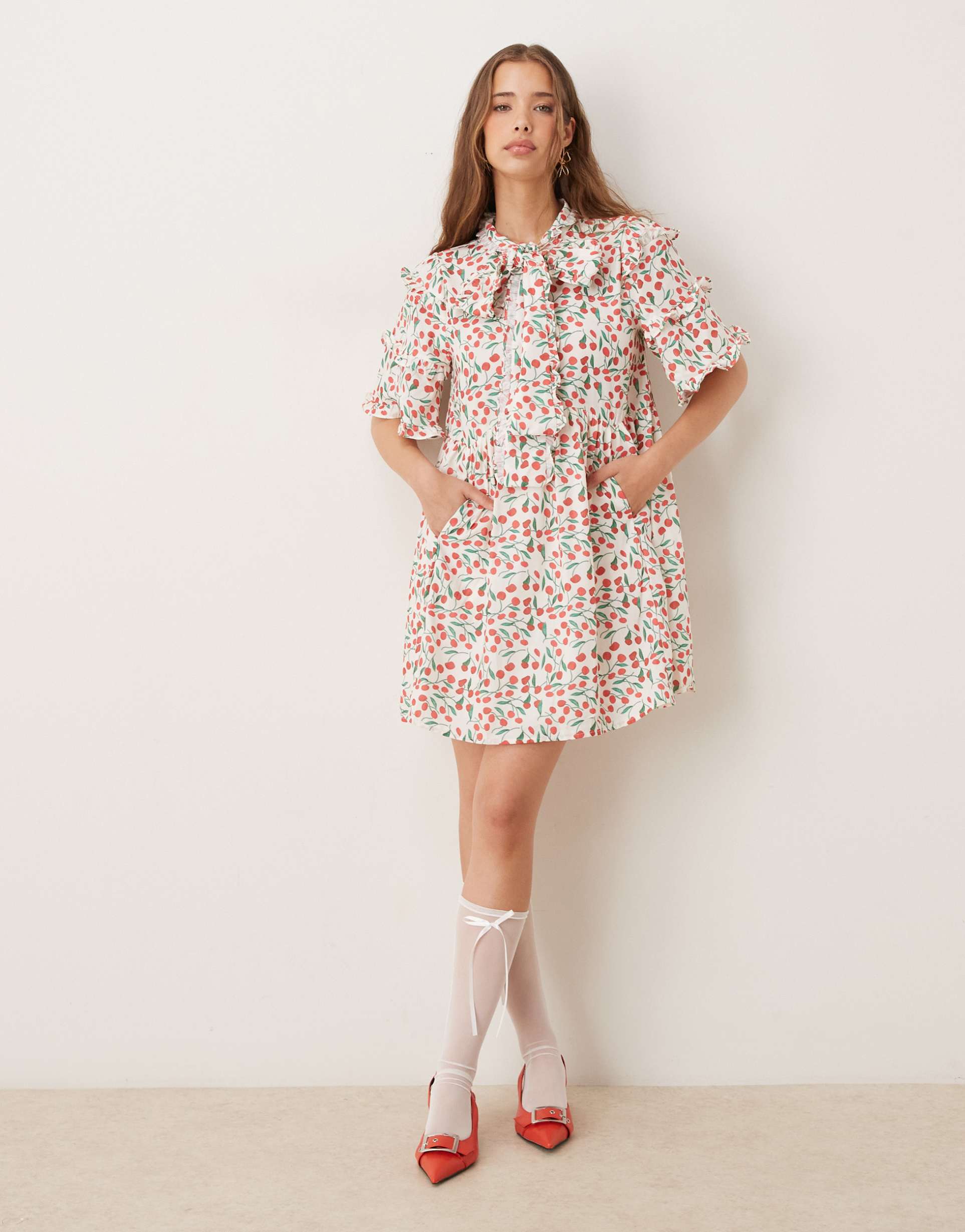sister jane oversized bow mini dress in cherries print