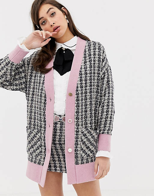 Sister Jane oversized cardigan with mix match buttons in tweed two 
