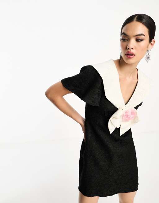 Sister Jane oversized collar corsage mini dress in black | ASOS