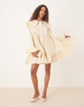 [sister jane] Sister Jane oversized collar frill mini dress with heart button detail in lemon-White M Plus yellow