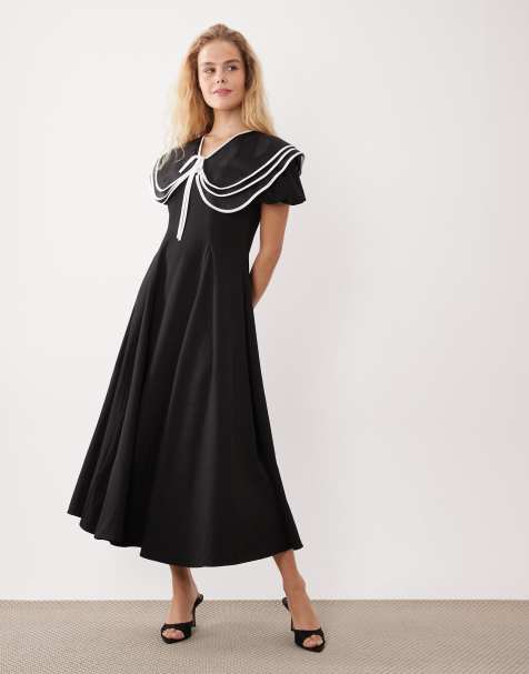 Sister Jane oversized collar puff sleeve midi dress in black - view 1