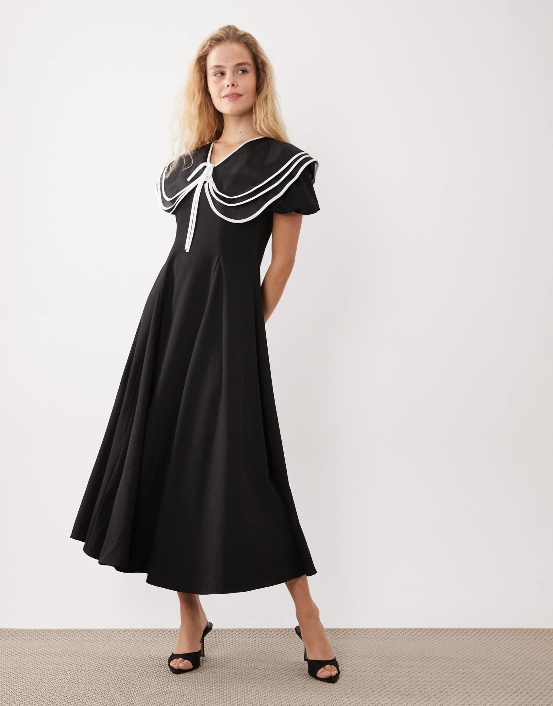 sister jane oversized collar puff sleeve midi dress in black