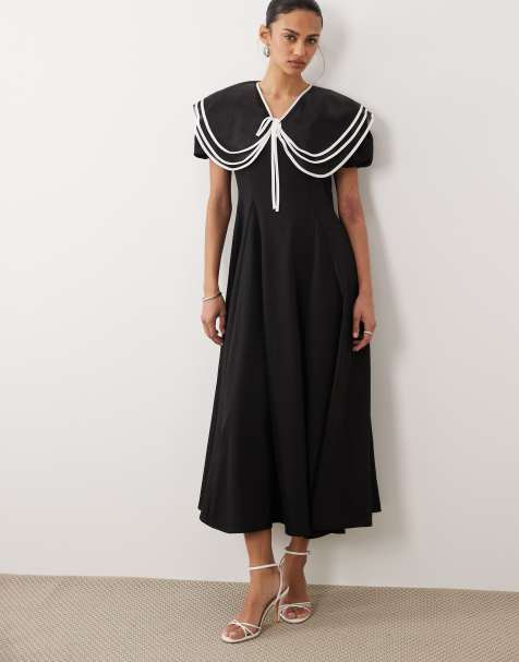 Sister Jane oversized collar puff sleeve midi dress in black