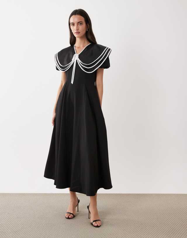 Sister Jane oversized collar puff sleeve midi dress in black | ASOS