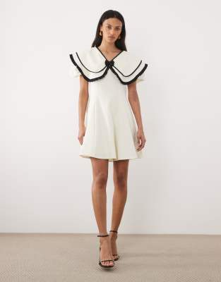 Sister Jane Oversized Collar Puff Sleeve Mini Dress With Detachable Beaded Bow In White