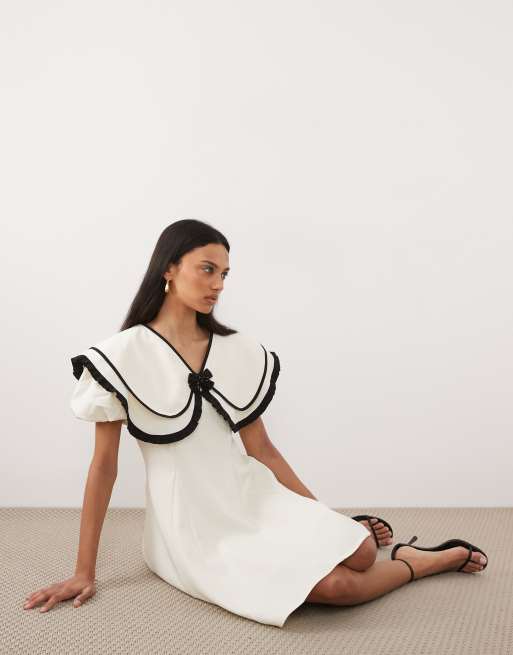 Sister Jane oversized collar puff sleeve mini dress with detachable beaded  bow in white | ASOS