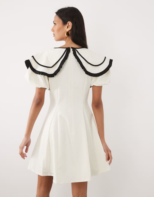 Sister Jane oversized collar puff sleeve mini dress with detachable beaded bow in white, 4 of 4