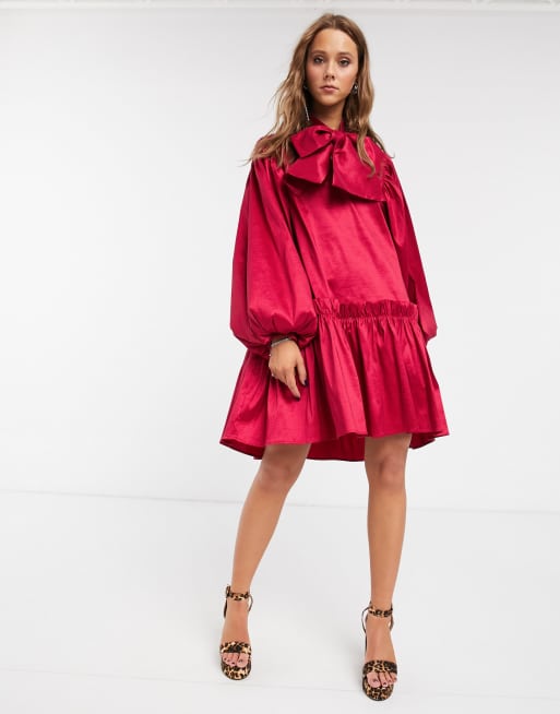 Sister Jane oversized mini smock dress with volume sleeves and bow in luxe satin