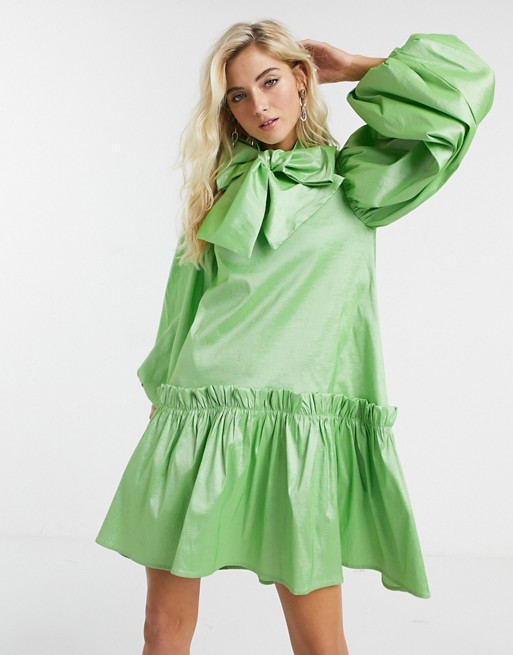 Sister Jane oversized mini smock dress with volume sleeves and bow in luxe satin