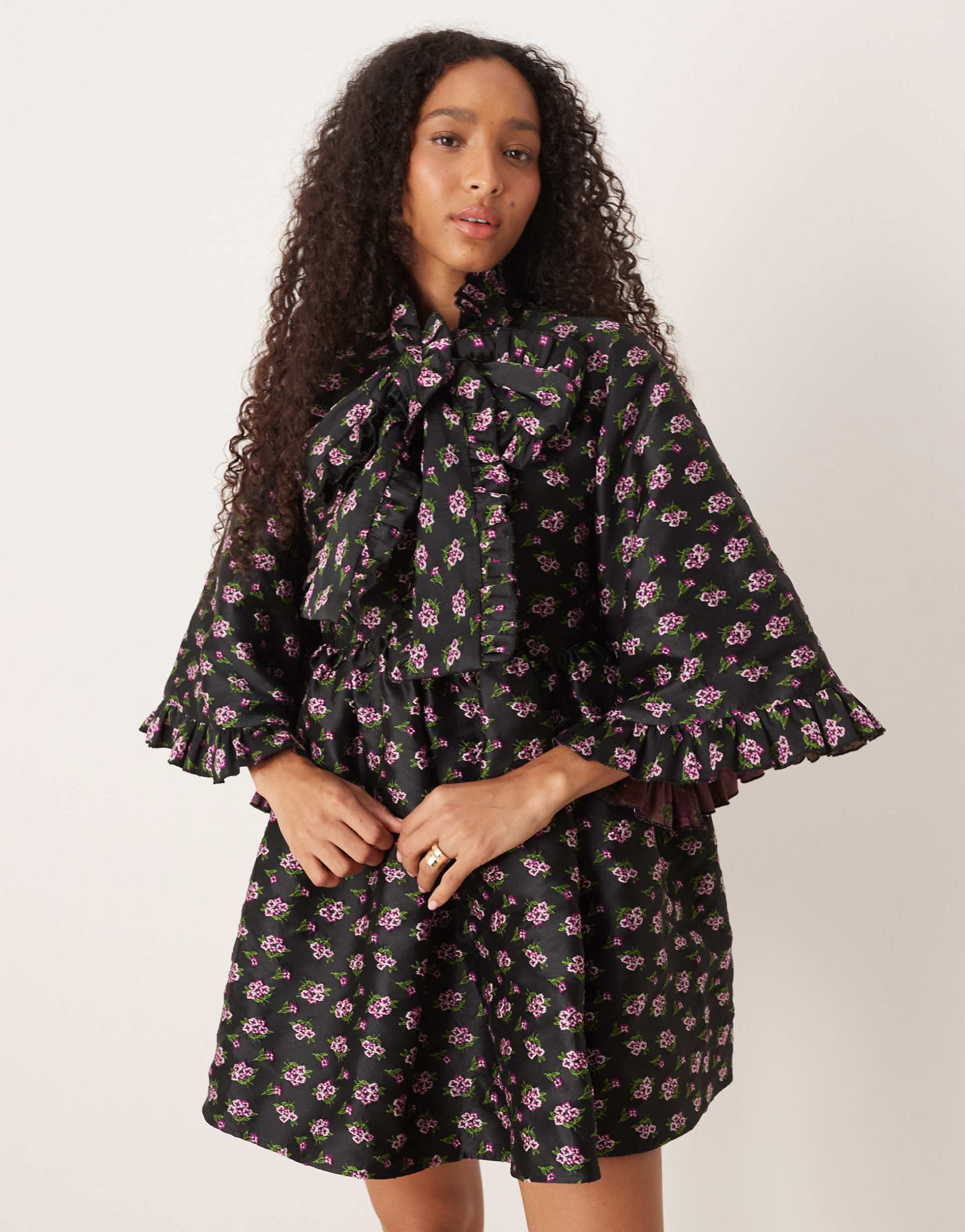 sister jane oversized pussybow jacquard mini dress in black floral