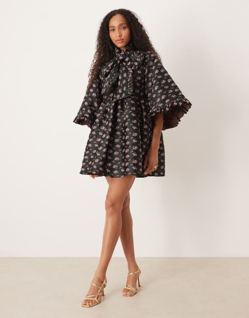 Sister Jane oversized pussybow jacquard mini dress in black