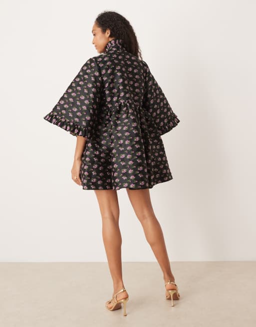 Sister Jane oversized pussybow jacquard mini dress in black