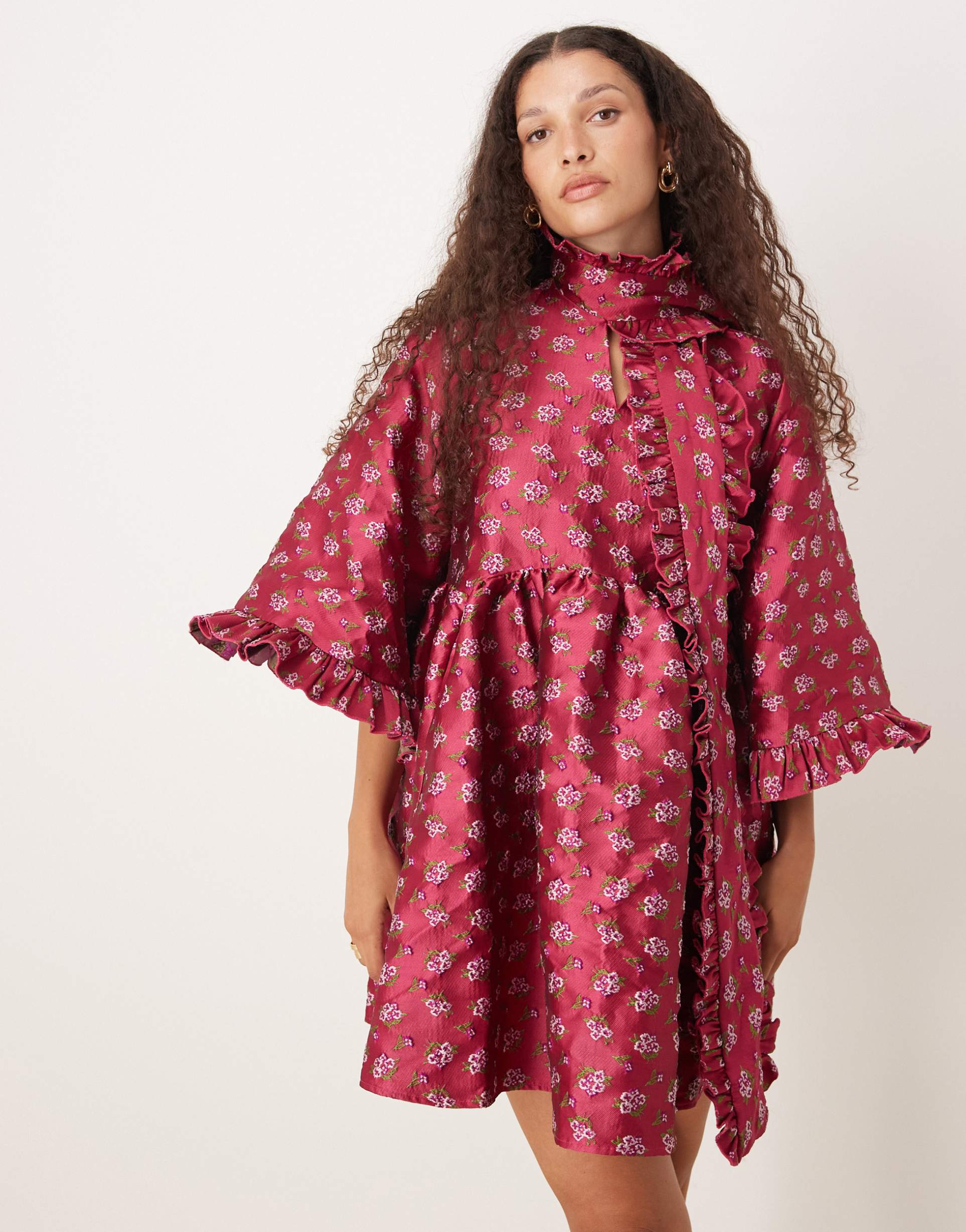 sister jane oversized pussybow jacquard mini dress in red floral