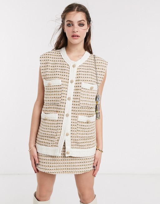 Sister Jane oversized sleeveless cardigan with ornate buttons in tweed co-ord