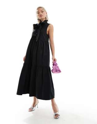 Peggy sleeveless bow midi dress in black