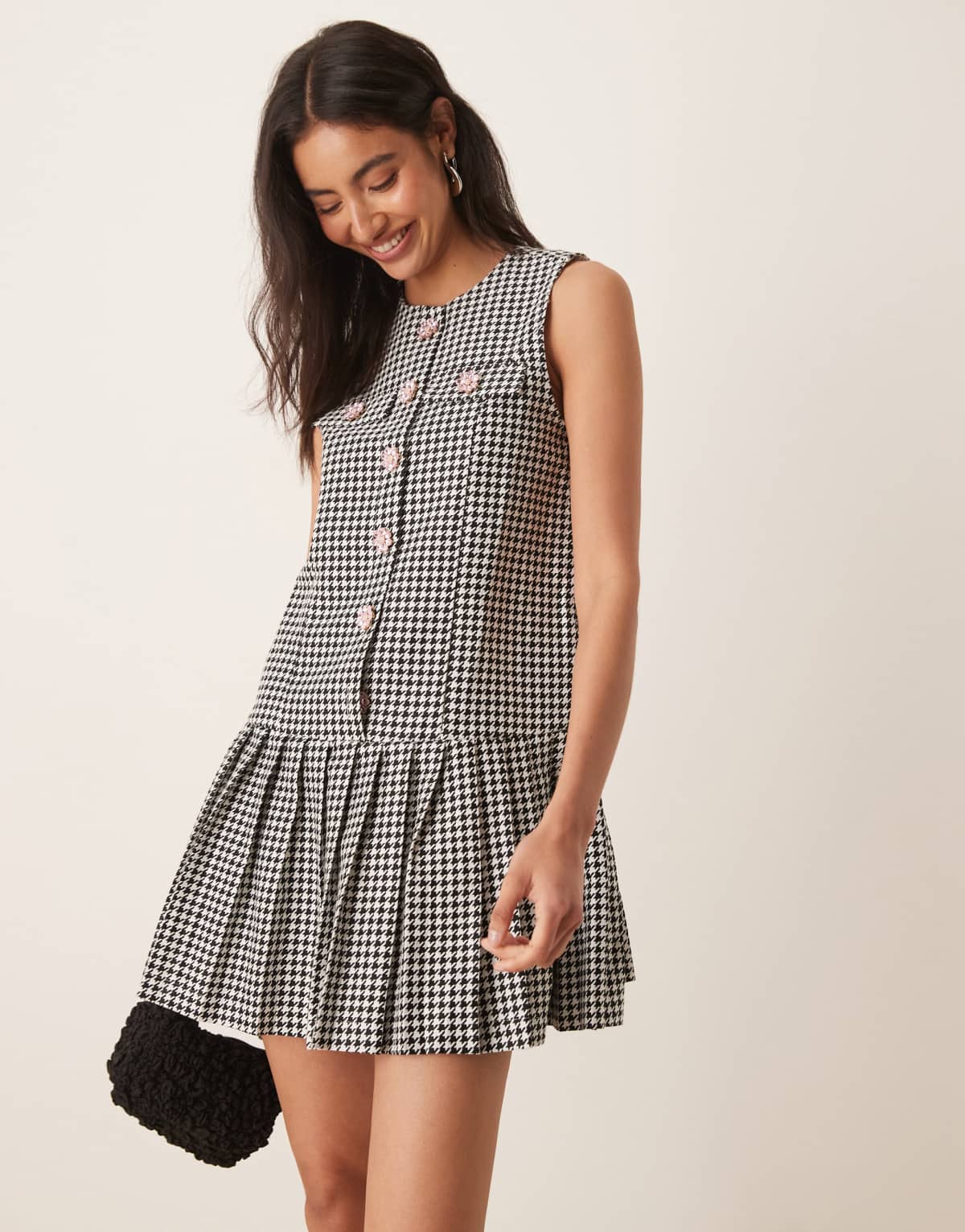 Sister Jane Petal Houndstooth mini dress in mono