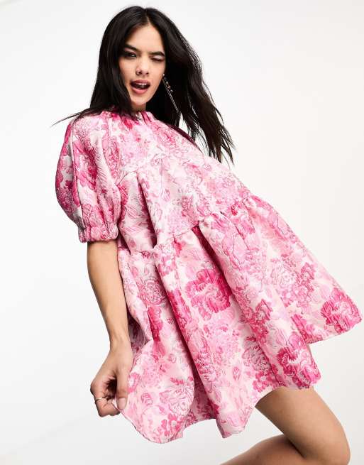Sister Jane - Pink minikjole med rose-blomstermønster i jacquard