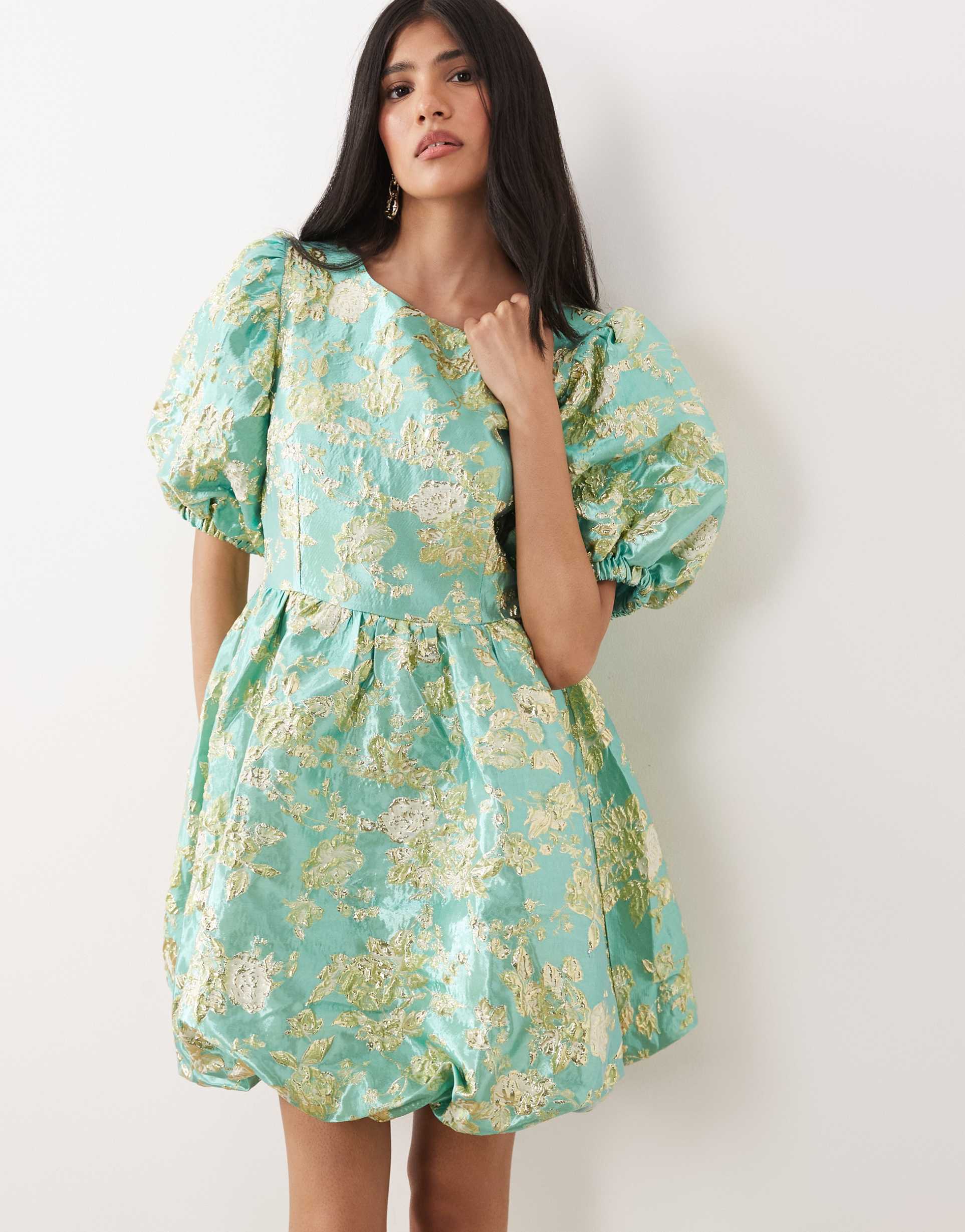 sister jane pistachio jacquard puff sleeve mini dress in pistachio