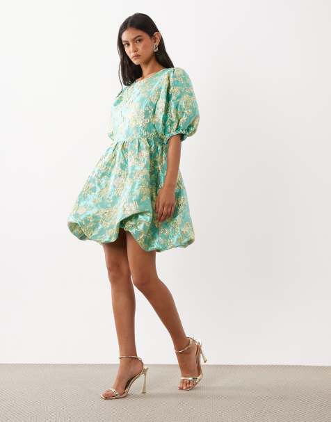 Sister Jane jacquard puff sleeve bubble hem mini dress in pistachio floral