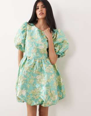 Sister Jane - Pistachio - Robe courte en jacquard à manches bouffantes - Pistache-Vert XS