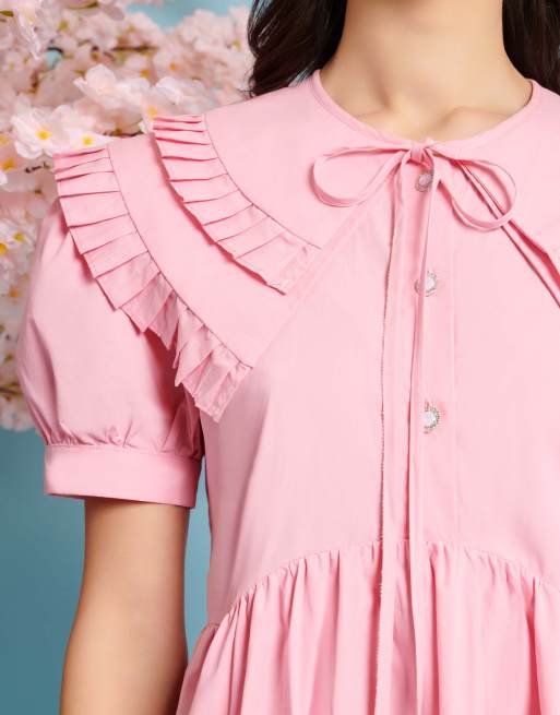 Sister Jane pleat mini dress with collar in pink | ASOS