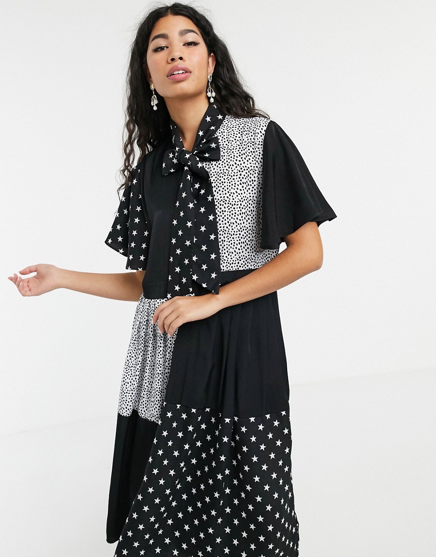 Sister Jane pleated midi dress with pussybow in animal star mixed print-Black