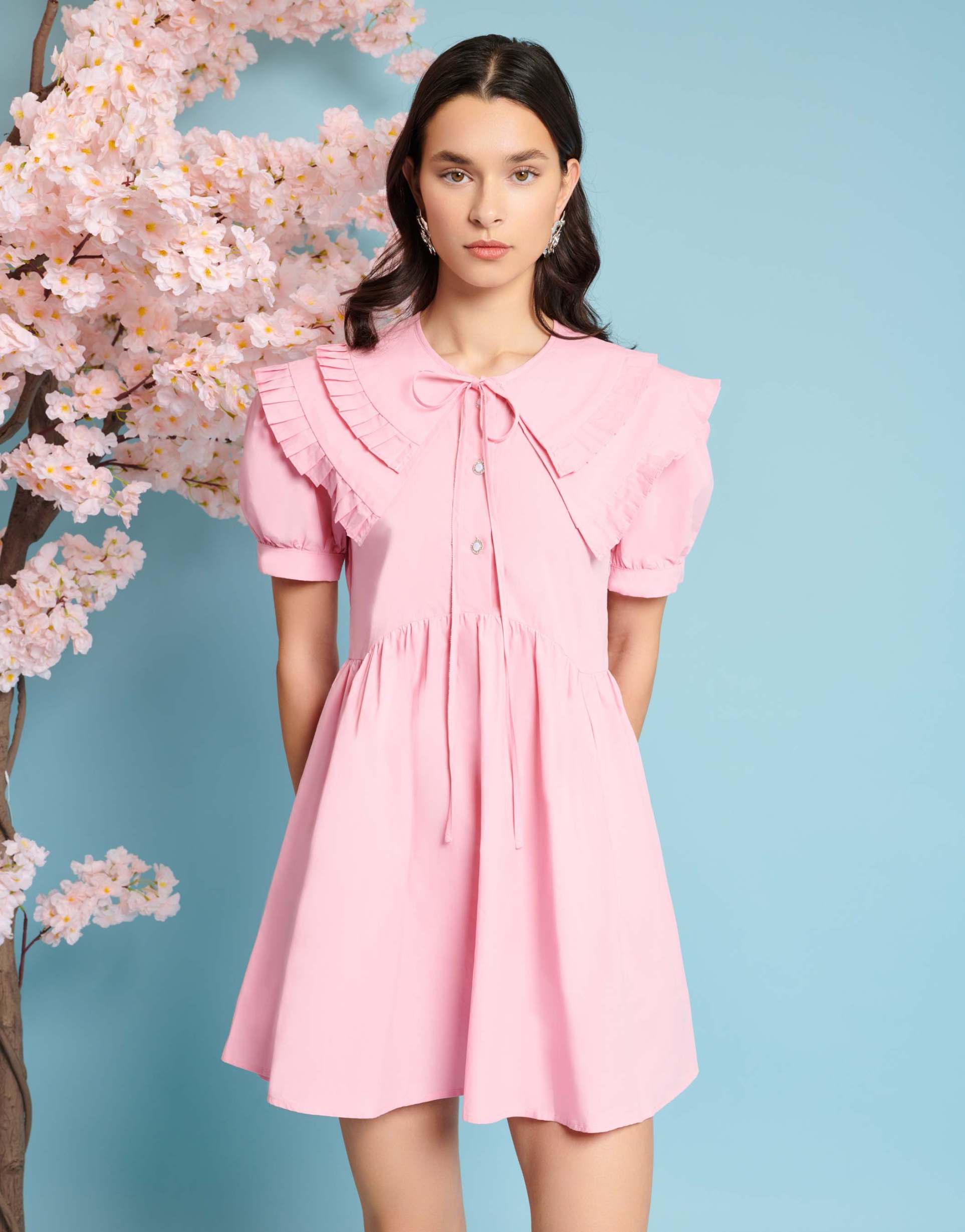 sister jane pleated mini dress with collar in pink