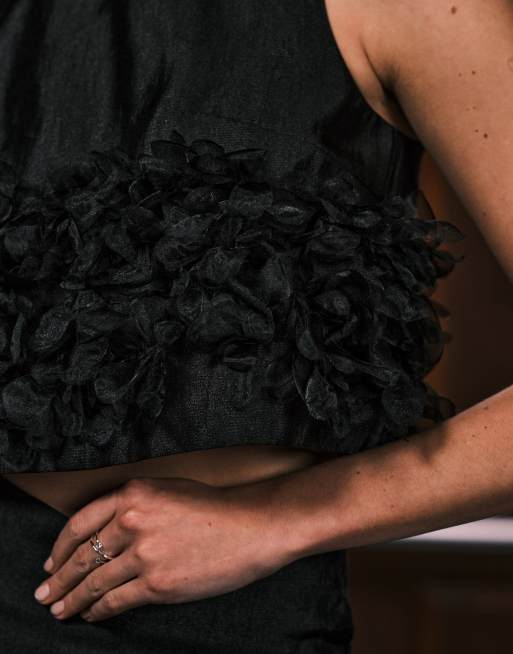Sister Jane - Plume - Crop top d'ensemble en organza à détails fleuris 3D - Noir, 4 de 4