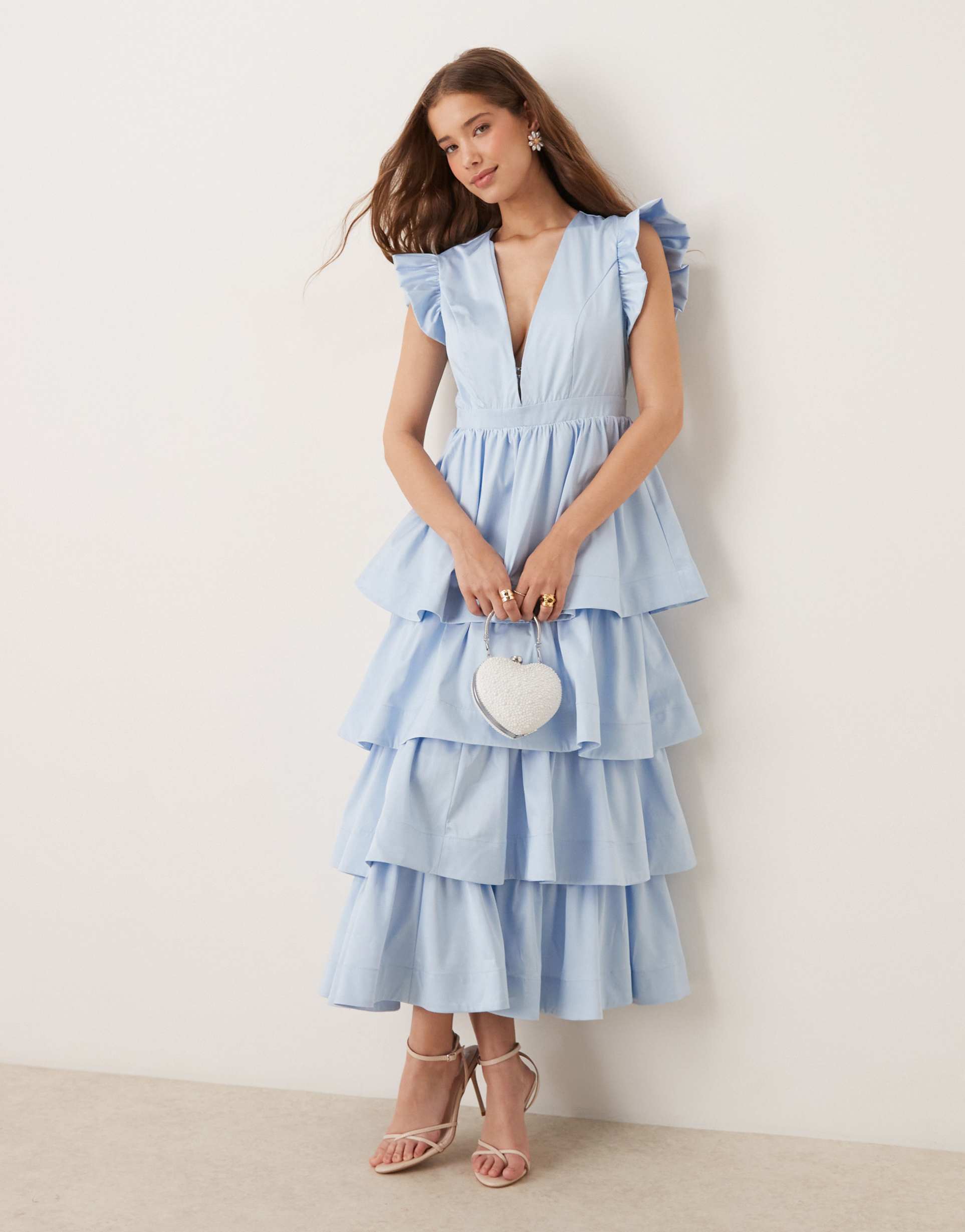 sister jane plunge tiered midaxi dress in powder blue