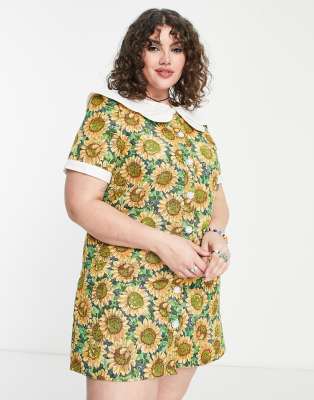 Plus Size Retro Dresses 50s, 60s ,70s, 80s, 90s Sister Jane Plus shift dress in sunflower jacquard-Yellow $148.00 AT vintagedancer.com